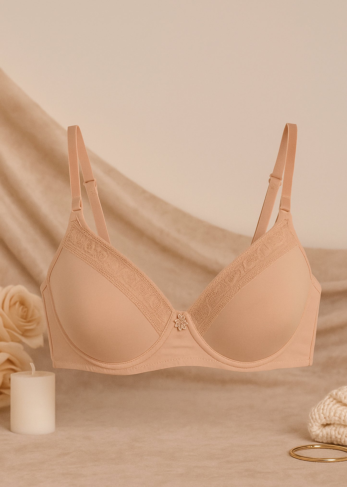 Beige Padded Lace Bra (SKN-201)