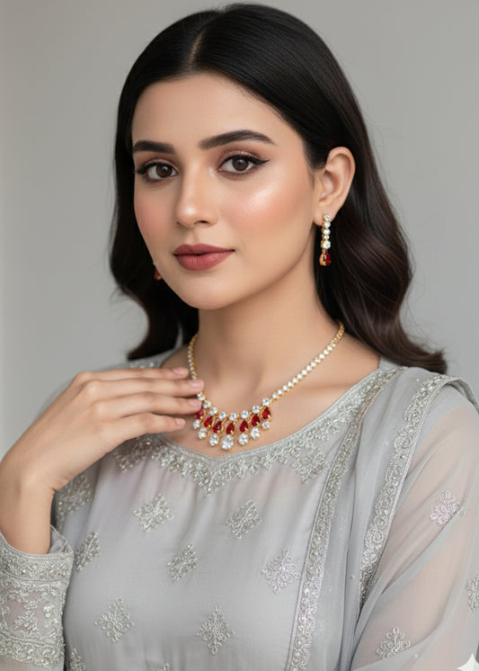 Red Drop Stone Necklace Set (CS-02)