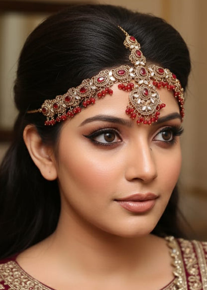 Royal Red & Gold Matha Patti – Traditional Headpiece Jewelry (JSZ-02-02)