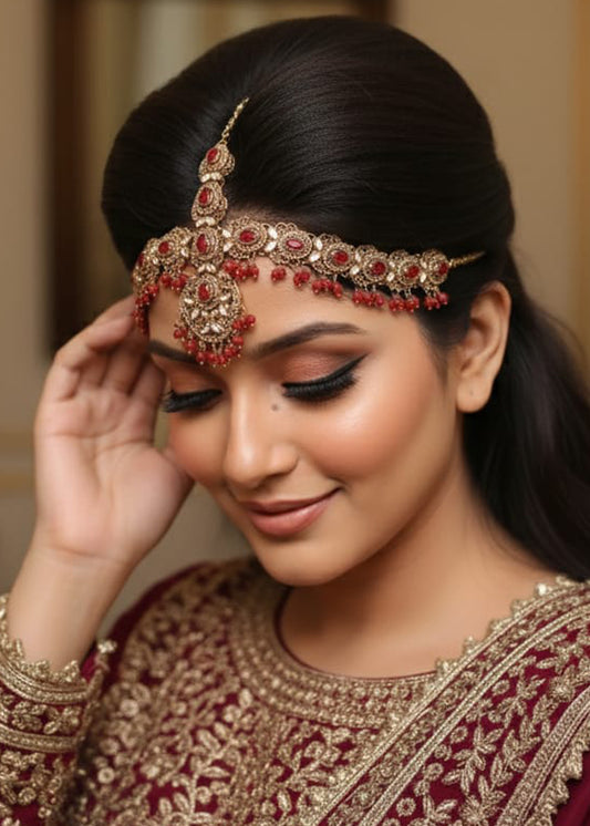 Royal Red & Gold Matha Patti – Traditional Headpiece Jewelry (JSZ-02-02)