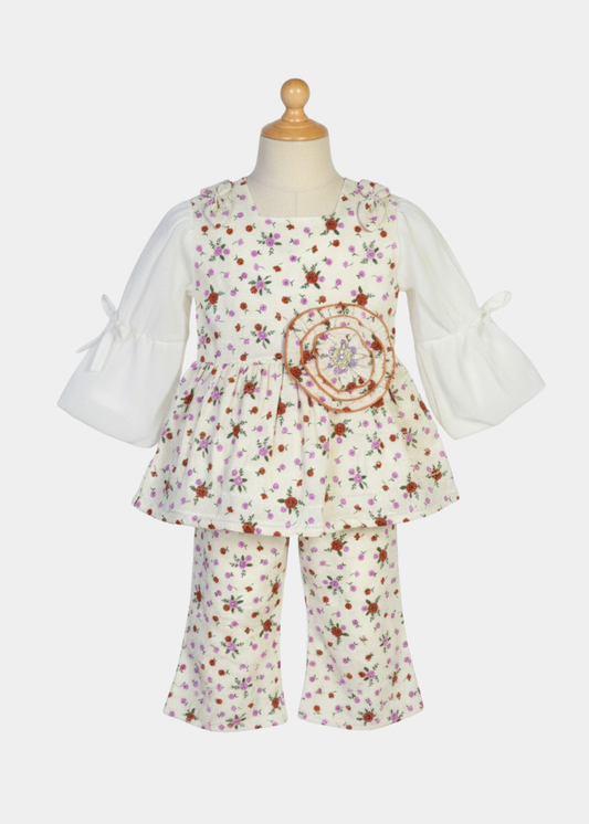 Floral Charm Girls’ Top & Trouser Set (G-13135-W)