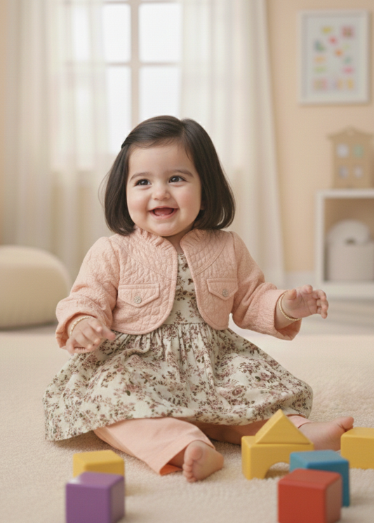 Baby Girl 3-Piece Floral Frock Set with Jacket & Trouser (G-13319-P)