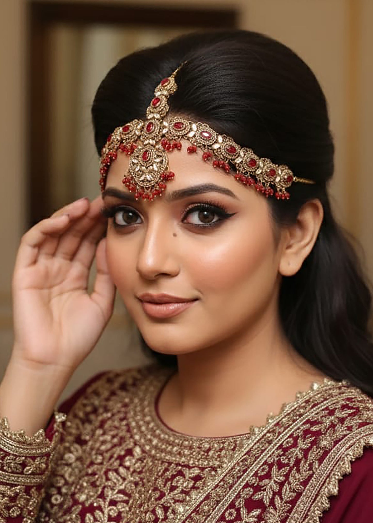 Royal Red & Gold Matha Patti – Traditional Headpiece Jewelry (JSZ-02-02)